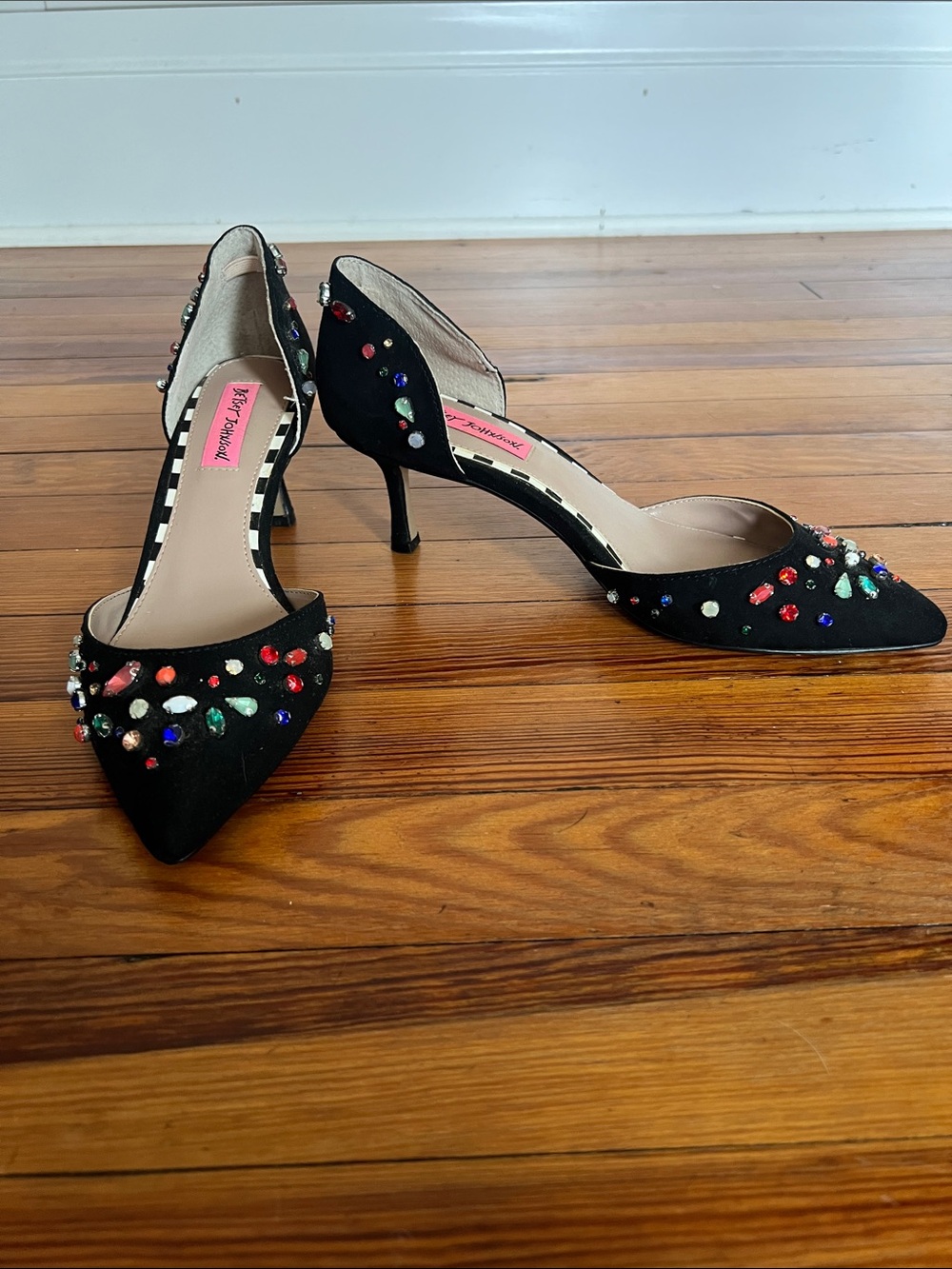 Betsey Johnson Black Multicolor Rhinestone Gem d'Orsay Kitten Heel Size 8